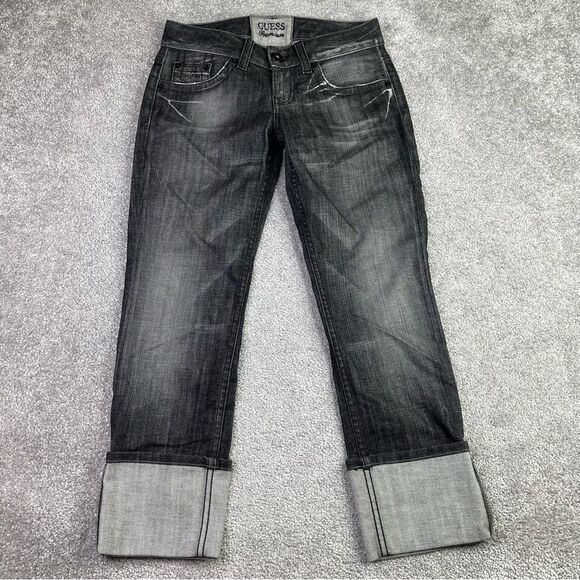 GUESS Jeans Women's 28 Black Cropped Straight Low Rise Cuffed Embellished Denim - Picture 1 of 14